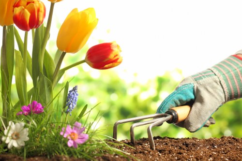 A close-up image of a gardener's gloved hand using a hand rake to loosen dark, rich soil in a garden bed. To the left, there are colorful tulips with vibrant yellow and red petals, alongside a variety of smaller flowers including purple, white, and pink blossoms, adding colour to the scene. The background reveals a lush, green garden with blurred foliage, suggesting a well-maintained outdoor space typical of a suburban garden in Penge. The garden features a mix of flowering plants, and the soil appears to be prepared for planting or further gardening work, highlighting active garden maintenance activities commonly undertaken by professional landscapers and gardeners in the area. The lighting indicates a bright, possibly sunny day, emphasizing the natural tones of the garden elements and supporting outdoor landscape enhancement services offered by companies like Landscapers Penge.