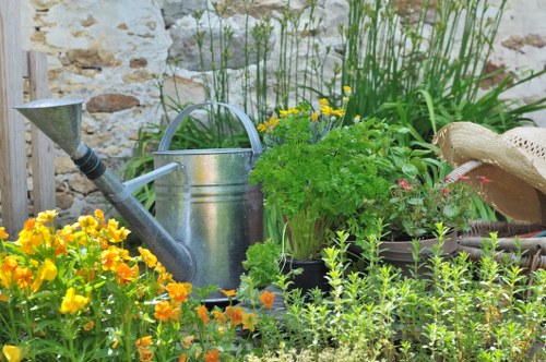 The image depicts a vibrant garden scene featuring a variety of plants and garden elements. In the foreground, there is a patch of bright yellow and orange flowering plants, likely marigolds, adding a splash of colour. Behind these, a lush green shrub with delicate leaves is visible, surrounded by other green foliage including small leafy plants and grasses. To the right, a rustic straw hat rests on a dark container, partially hidden among the plants. A weathered, silver watering can with a curved handle is positioned centrally, suggesting ongoing gardening activity. The backdrop features a textured stone wall, typical of a countryside or suburban garden in Penge, London. Tall grasses or reeds extend vertically in the background, adding height and structure to the scene. The overall environment appears well-maintained and idyllic, with natural daylight illuminating the scene under slightly cloudy weather conditions. This setting showcases typical elements of outdoor gardening and landscaping, emphasizing the importance of plant care and outdoor maintenance which are services provided by landscapers in Penge.