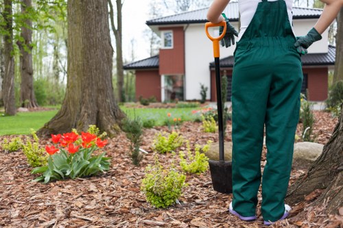 A gardener standing outdoors in a residential garden in Penge, dressed in green overalls and gloves, holding a small garden spade with an orange handle, preparing the soil near a large tree trunk. The garden features a mulched bed with vibrant red tulips and neatly trimmed green shrubs, set against a backdrop of a modern brick house with large windows and a black-tiled roof. The lawn has lush, well-maintained grass, and the overall scene is calm and well-kept, reflecting professional gardening and landscaping practices typical of services provided by Landscapers Penge. Natural daylight illuminates the scene, with a soft sky indicating a mild weather day, emphasizing the garden's healthy plants and clean landscape layout in a quiet suburban setting.
