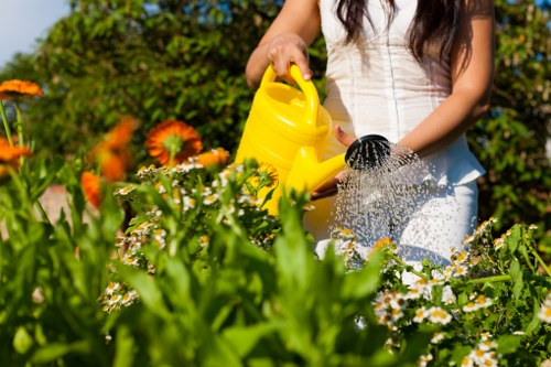 A woman watering flower beds in a lush garden, with a yellow watering can in her hands and her brown hair cascading over her shoulders. The garden features vibrant orange and white flowers, green foliage, and neatly arranged planting areas. In the background, there are tall bushes and trees creating a natural backdrop, with sunlight illuminating the scene, suggesting a bright, clear day. The garden surface includes lawn grass, soil beds, and paved pathways, indicating a well-maintained outdoor space typical of residential landscaping. This setting reflects professional gardening and lawn care services offered by companies like Landscapers Penge, with a focus on lush, healthy plantings and tidy outdoor environments.