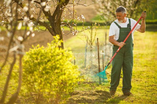 A middle-aged man wearing green overalls and a white shirt is working in a well-maintained garden in Penge, London, during spring or early summer. He is using a green-handled rake to level soil or remove debris from a section of the garden. In the foreground, there is a lush, bright yellow-green shrub, while towards the background, a blossoming tree with pink and white flowers stands beside a low wire fence that encloses part of the garden. The lawn area nearby appears to be freshly mowed with evenly cut grass, and the overall scene is bathed in warm, natural sunlight, suggesting a clear day. The environment is a tidy, landscaped outdoor space, featuring a mix of flower beds, shrubbery, and open grassy zones, suitable for garden maintenance or landscaping services by Landscapers Penge, which operates in the local area around postcode SE20 or SE25. The scene captures a typical gardening activity aimed at outdoor upkeep, with visible tools and a serene, productive atmosphere in a suburban garden setting.